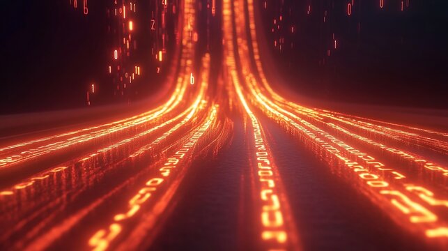 Abstract digital data stream cascading downward.  Orange glowing lines with numeric codes