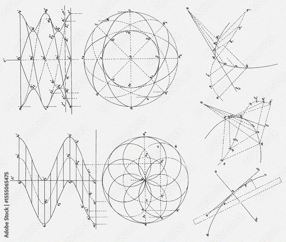 Poster drawing of axonometric projection of circle, line in planes. computer educational technic design for