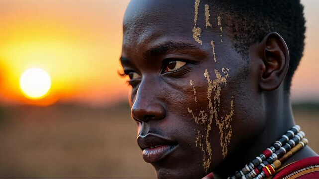 A close-up of African Maasai warrior's face, adorned with traditional beadwork, as the golden savanna sun sets behind him, casting warm light.