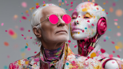 Elderly Man with Robot Woman, Futuristic Fashion