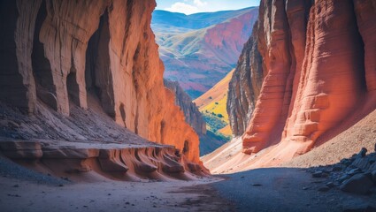 Canyon landscape with towering rock formations and colorful cliffs, showcasing natural geological features and scenic views.