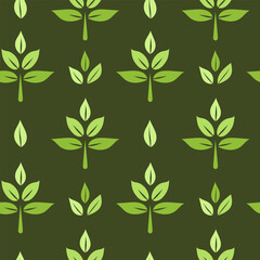 Green leaves icon seamless pattern on dark background, simple graphic pictogram illustration, eco friendly organic concept clip art, flat label element for logo, vegan, save energy and self care