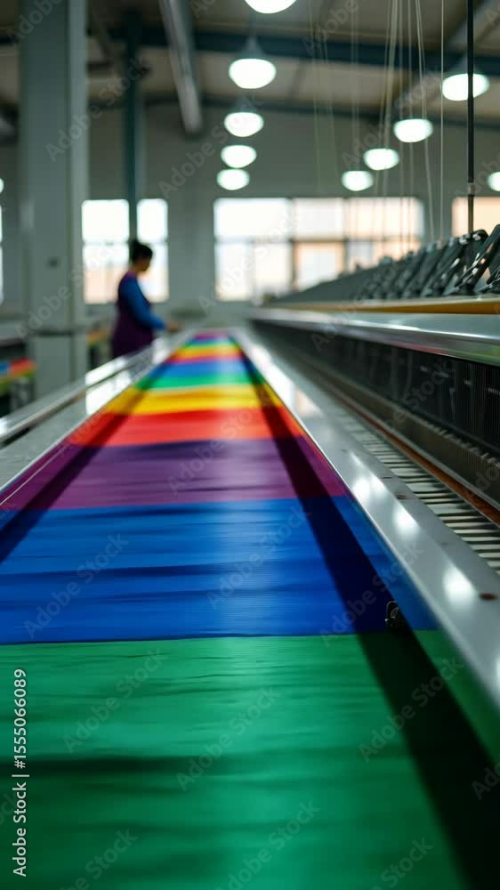 Poster a textile factory, rows of automated looms weaving colorful fabrics, with threads moving rhythmicall