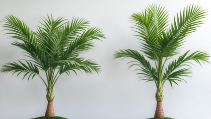 Obraz premium Two potted palm trees with lush green fronds against a plain white background.