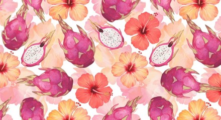 Watercolor Tropical Pattern of Dragon Fruit and Hibiscus Flowers