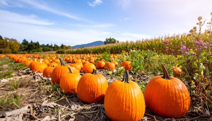 orange pumpkins at outdoor farmer market in the countryside. pumpkin patch.  Copy space for your text