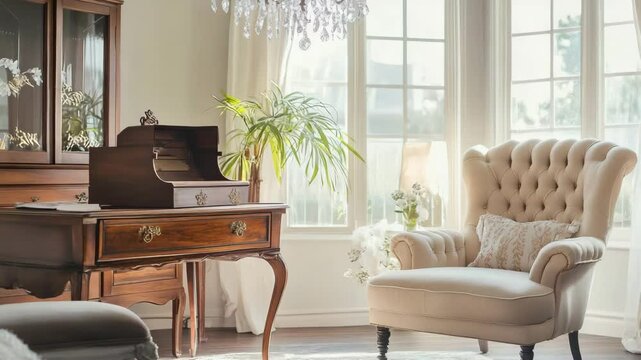 Cozy vintage-inspired living room with antique writing desk, plush wingback chair, and sparkling crystal chandelier, creating a warm and inviting atmosphere