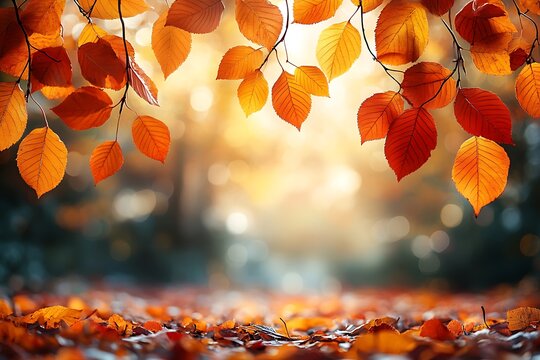 Autumnal scene with vibrant orange and red leaves on branches and forest floor bokeh background