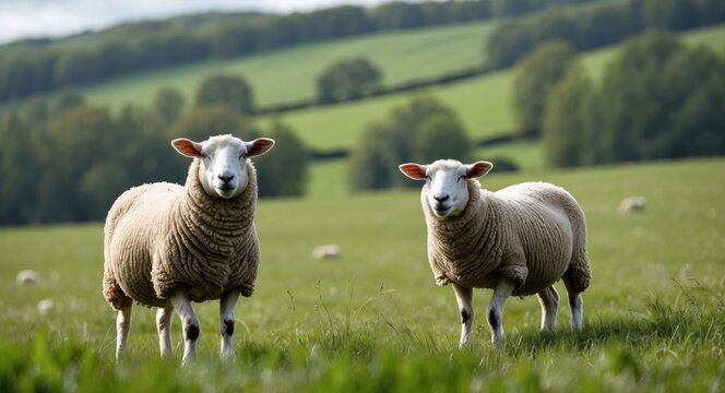 Two sheep standing in a lush green pasture with rolling hills in the background.