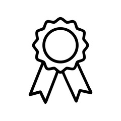 Black and White Outline Icon of an Award Ribbon Badge – Minimalist Flat Vector Symbol for Achievement, Certification, Quality, and Recognition Graphics in Digital and Print Design