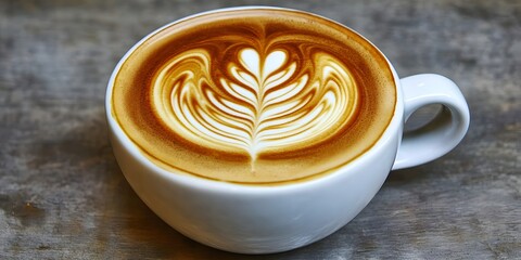 Close up of a white coffee cup with latte art on a gray wooden surface showing a heart design