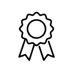 Black and White Outline Icon of an Award Ribbon Badge – Minimalist Flat Vector Symbol for Achievement, Certification, Quality, and Recognition Graphics in Digital and Print Design