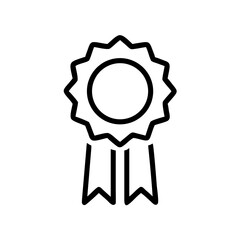 Black and White Outline Icon of an Award Ribbon Badge – Minimalist Flat Vector Symbol for Achievement, Certification, Quality, and Recognition Graphics in Digital and Print Design