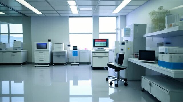 Blurry background. Hospital room with a white wall and a white floor. The room is empty and has a sterile feel