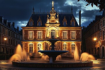 The town hall of the present city at night, with the fountain in front and an ornate building behind it