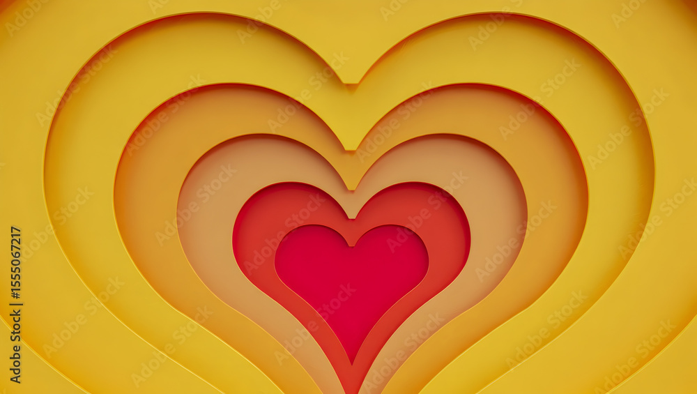 Poster nested abstract hearts in warm yellow orange and red gradient layers shape love