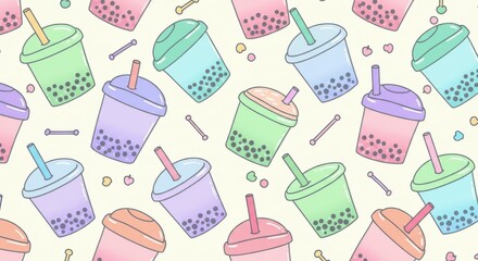 Pastel Bubble Tea Cups Pattern with Cute Hearts and Straws on Cream Background