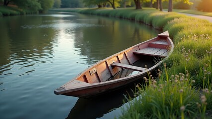 Obraz premium Rustic Wooden Boat Docked Along a Tranquil Grassy Riverbank