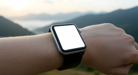 Smartwatch Mockup Blank Screen Nature Mountain Sunrise Hiking Travel Technology Fitness Tracker App Design