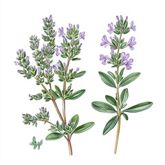Fresh thyme sprig with small green leaves in watercolor botanical illustration style.