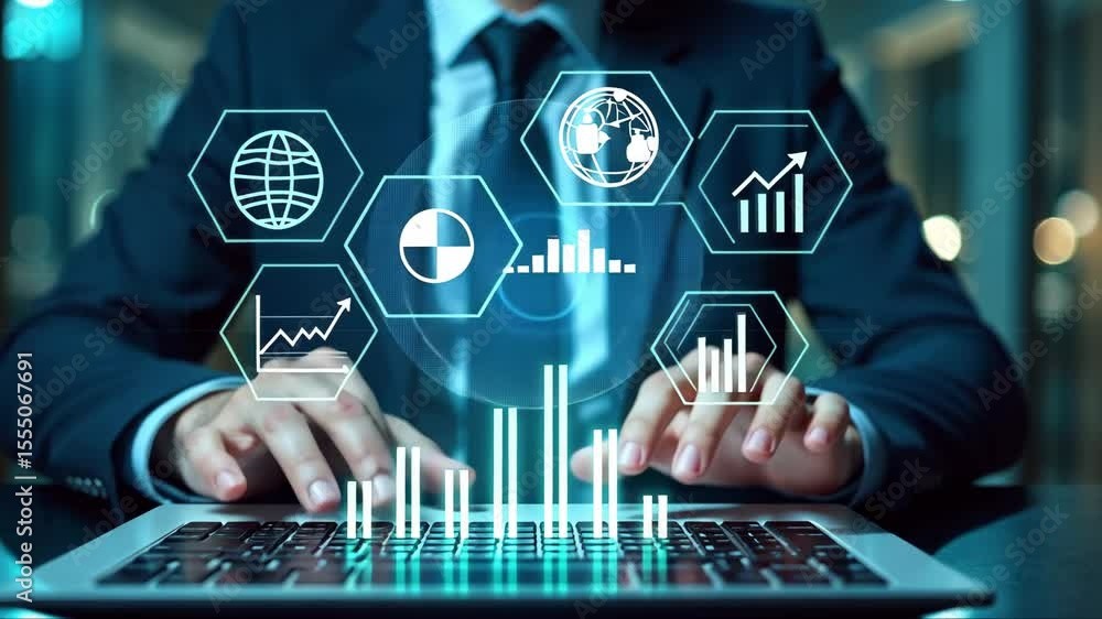 Poster a person in a business suit working on a laptop with virtual icons related to key performance indica