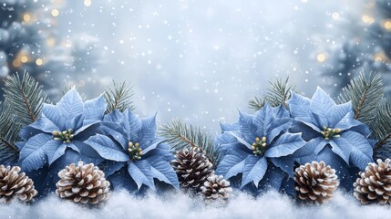 Magical Winter Scene with Blue Poinsettias, Pine Cones, and Falling Snow