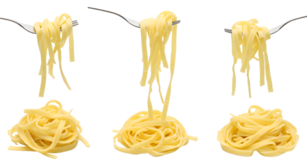 A delicious display of cooked pasta twirling on forks, set against a clean white background, showcasing culinary art