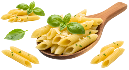 A wooden spoon holding perfectly cooked penne pasta garnished with fresh basil leaves, surrounded by scattered pasta and herbs