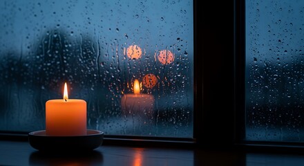 Cozy candle light illuminates rainy window night scene indoors