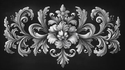Ornate monochrome floral arabesque with swirling acanthus foliage creates a striking ornamental motif on black