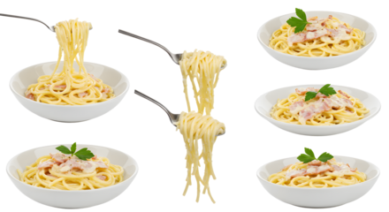 A delicious display of spaghetti being served, showcasing various bowls of pasta with herbs, perfect for culinary presentations