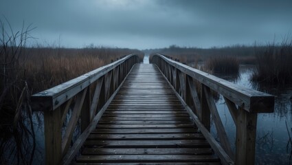 Fototapeta premium Empty wooden bridge over water leading into a foggy, marshy landscape.