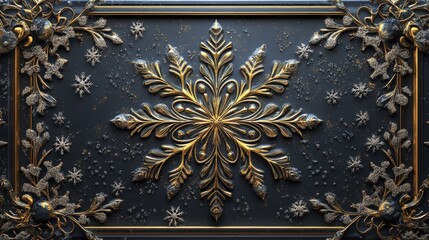 Ornate Golden Snowflake on a Dark, Textured Background with Festive Details