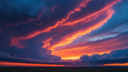 Fototapeta premium Vivid sunset sky with dramatic clouds and vibrant colors over a flat landscape. Nature and sky photography, sunset and weather scenery.