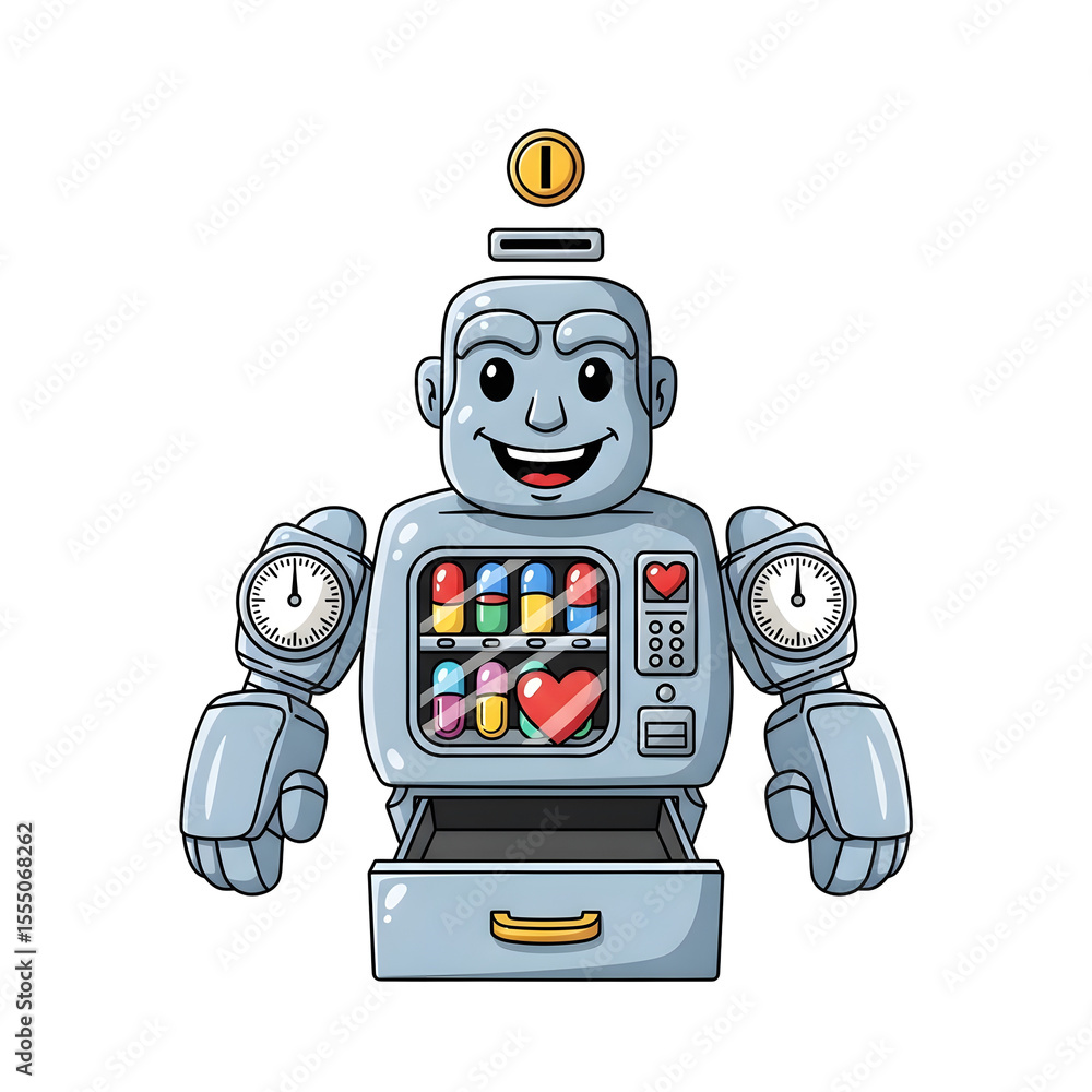 Poster cheerful robot illustration with a slot machine chest and clock arms. features colorful pill compart