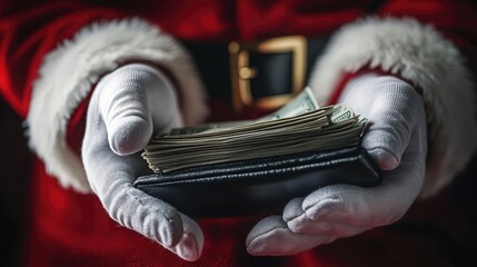 Santa Claus is holding a wallet full of money on Christmas Eve