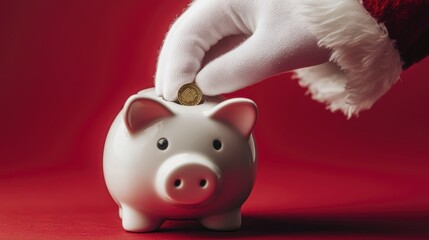 Santa's hand putting a coin in a piggy bank on red background