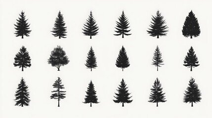 Silhouetted Variety of Evergreen and Deciduous Trees Against a White Background