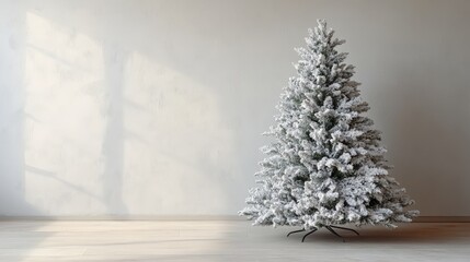 Snow flocked Christmas tree in a brightly lit empty room against the wall