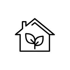 Outline house icon with two leaves representing eco friendly living on background
