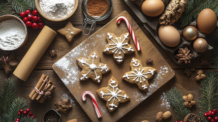 Snowflake Christmas cookies decorated with white icing sit on a wooden board amid festive ingredients