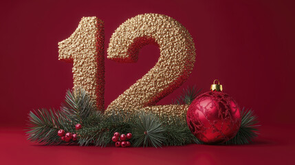 Sparkling golden twelve alongside a red Christmas ball on dark red background creates festive feelings
