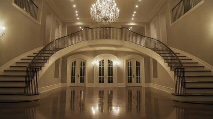 Grand entryway interior with double doors, chandelier, polished floor, curved staircase and soft lighting - Powered by Adobe