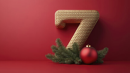 Textured gold seven rests on a dark red surface with fir sprigs and a red bauble