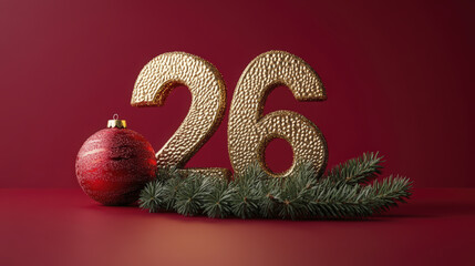The golden 26 numbers are displayed with an ornament and fir branches on red surface