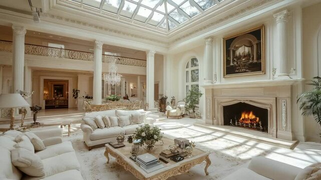 Grand living room with ornate fireplace, skylight-covered atrium ceiling and soft cream decor throughout