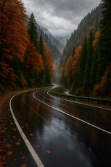 A winding wet road cuts through a misty valley adorned with autumn trees in vibrant orange and deep green, evoking a sense of tranquil, wild nature