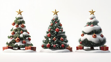 Three snowcovered Christmas trees with gold star toppers and red ornaments grace the bright background
