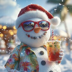 Tropical Christmas Snowman Holiday Vacation with a Festive Cocktail in Paradise
