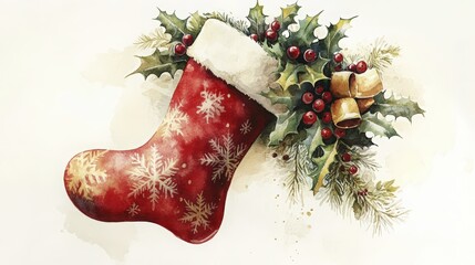Watercolor Christmas Stocking with Holly Berries and Golden Bells Festive Illustration